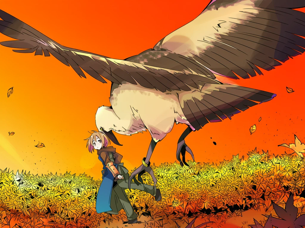 She grips its legs as it lifts off a field of leaves