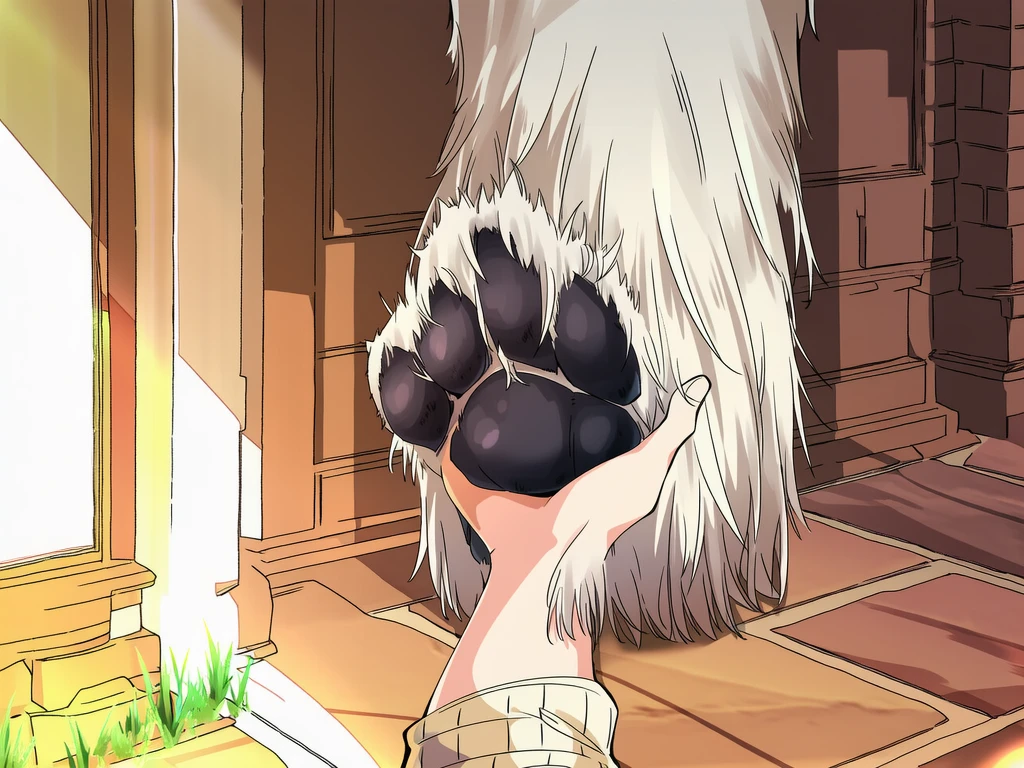 Its paw rests for a moment in her open palm