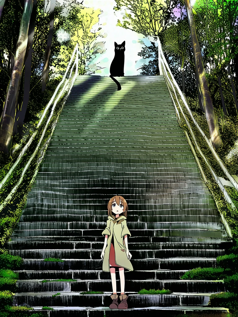 A black cat waits at the top of the shrine steps